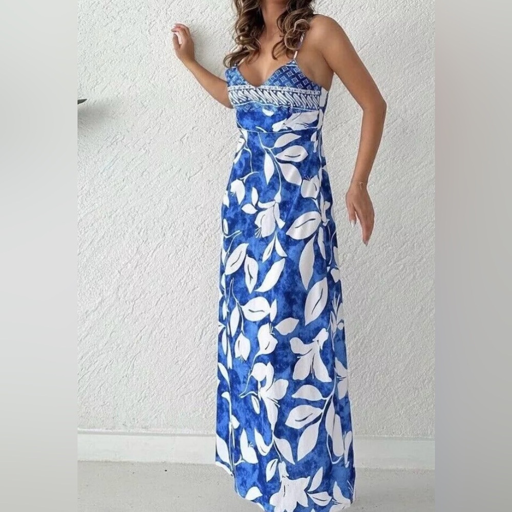 NWT Zara Strappy Printed Blue White Linen Dress sz Medium